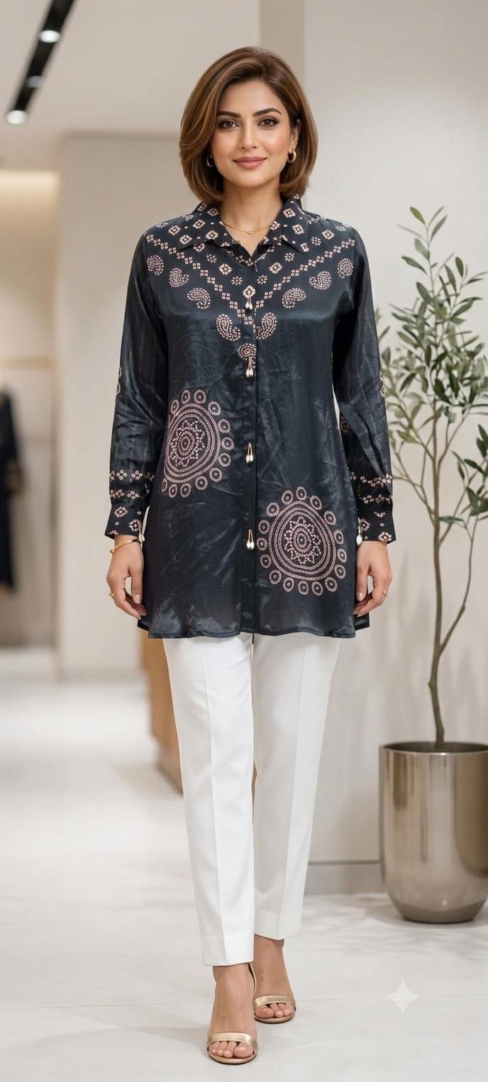 Midnight Glam Bandhej Printed Flowy Casual Crepe Shirt- 15323 (Lean Fit)