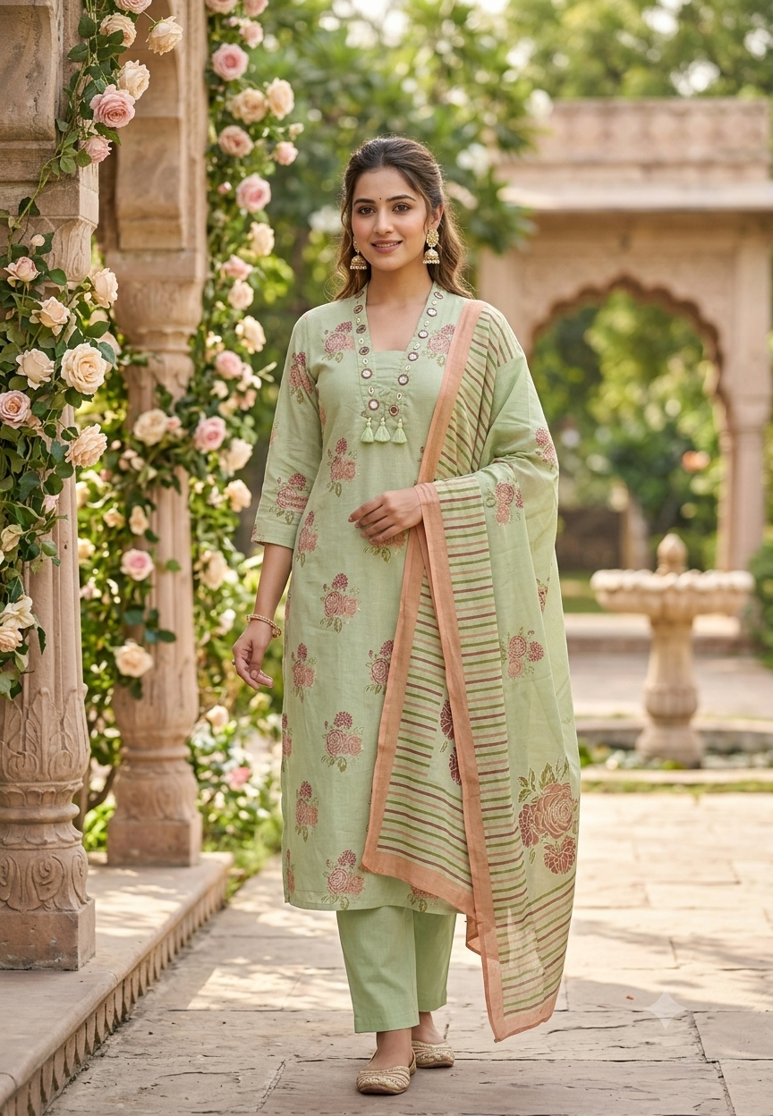 Mirror Work Neckline With Pocket Accent Floral Print Cotton Full Suit Set With Dupatta- 16801