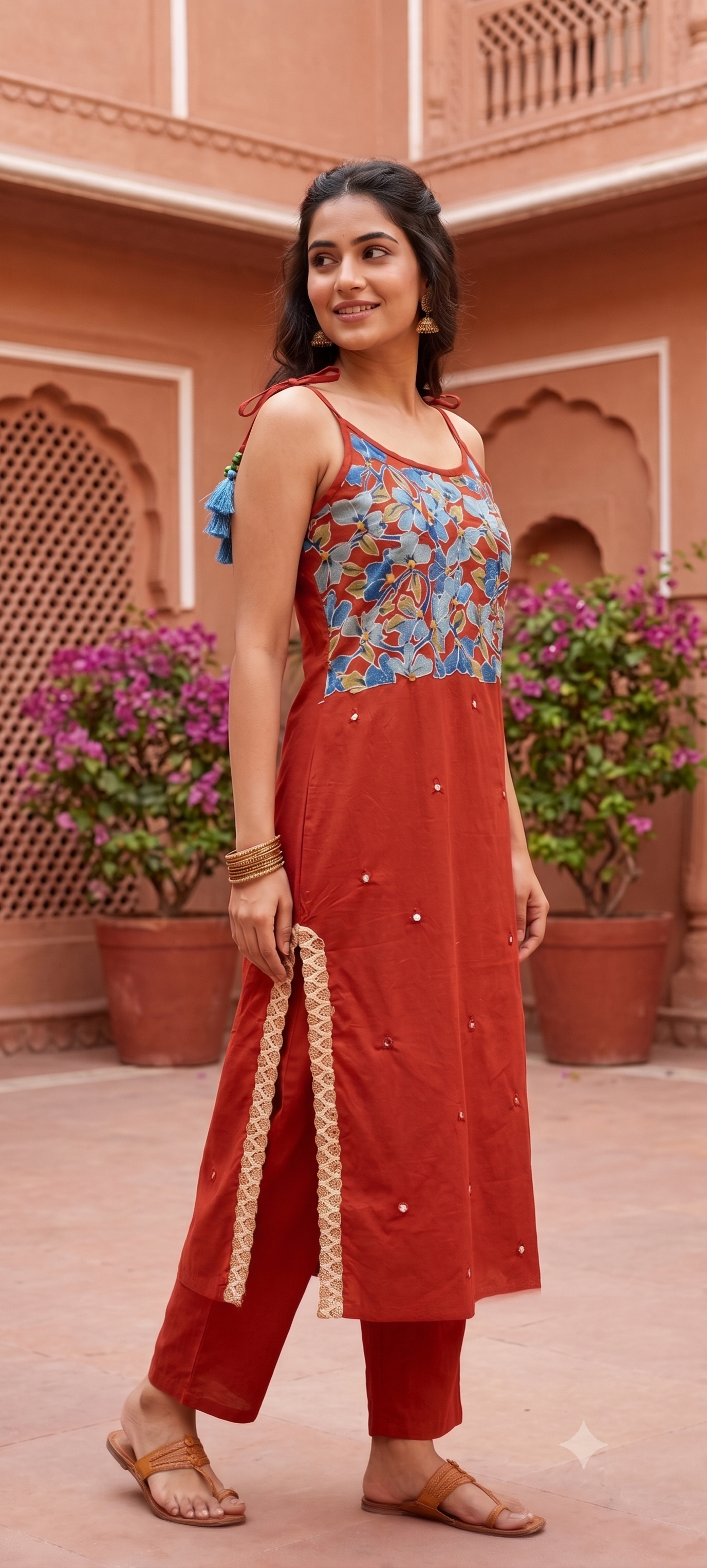 Noodle Strap Summer Style Petal Printed Casual Wear Cotton Kurta Pant Set- 15123