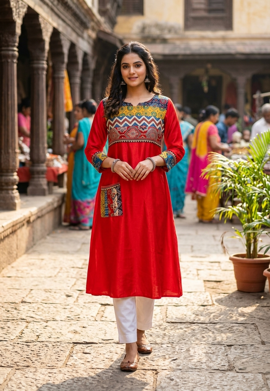Shiny Gajji Silk Ajrak Patch Work With Pocket Aline Frock Type Kurti Only-16657