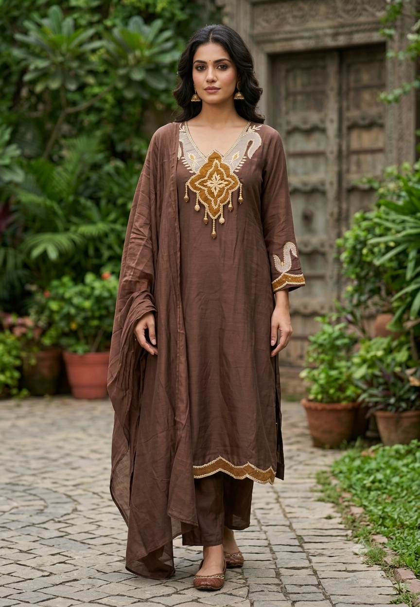 Surat Mul-Chanderi Neck Patch Dangle Accent Full  Suit Set Scallop Hem and Dupatta- 16677