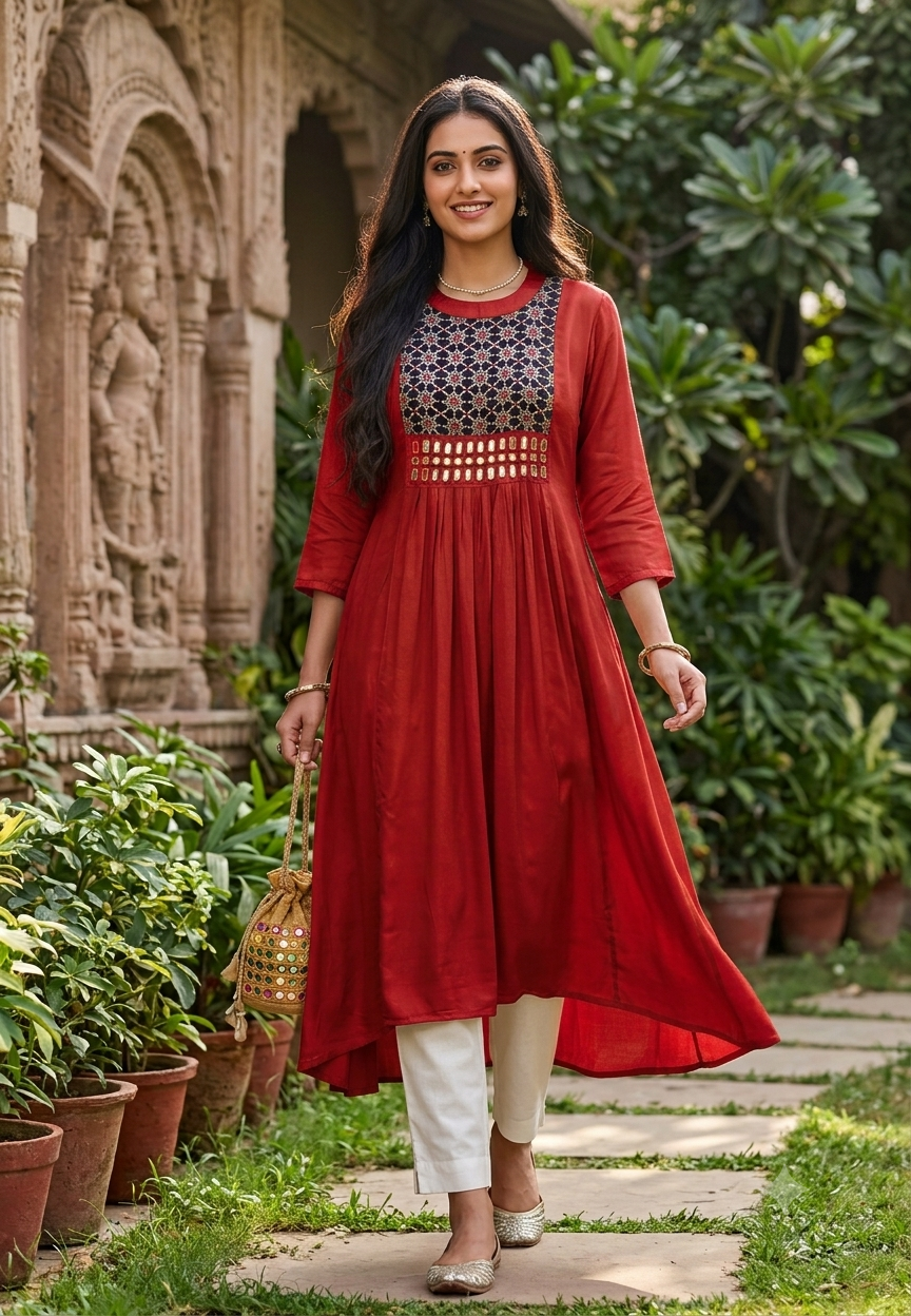 Stylish Modal Satin Kalamkari Patch Yoke With Real Mirror Work Ankle Length Frock Only-16652