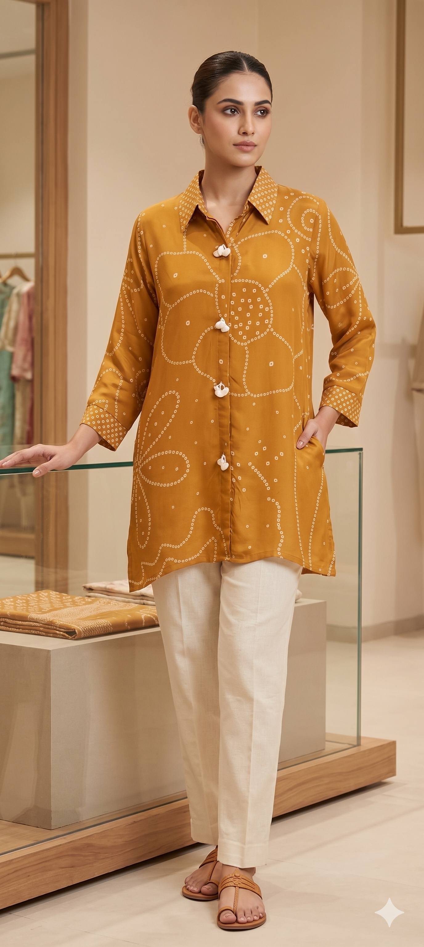 Bandhani Print Shell Tassel Rangoli Bird Back Print Crepe Shirt- 15111