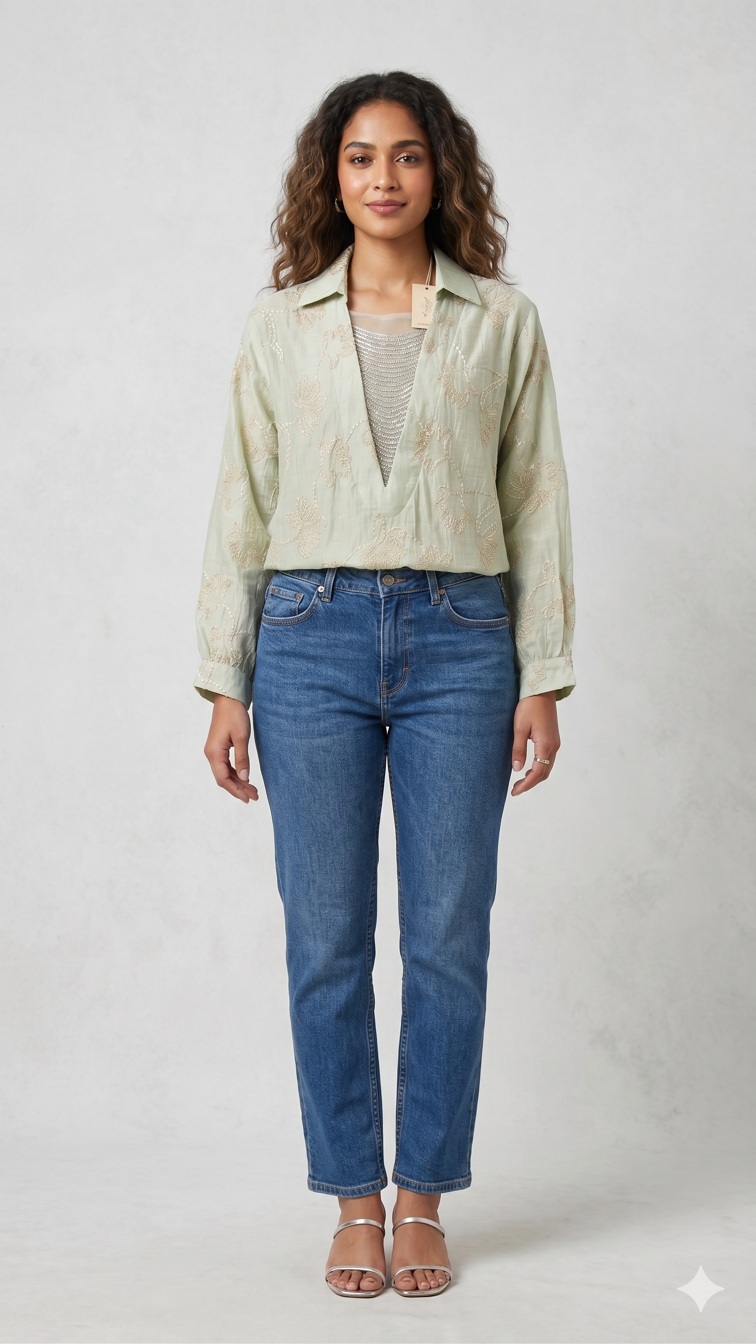 Soft Pastel Embroidered Shirt  Delicate Floral Detailing and Glamorous Stone work Layer