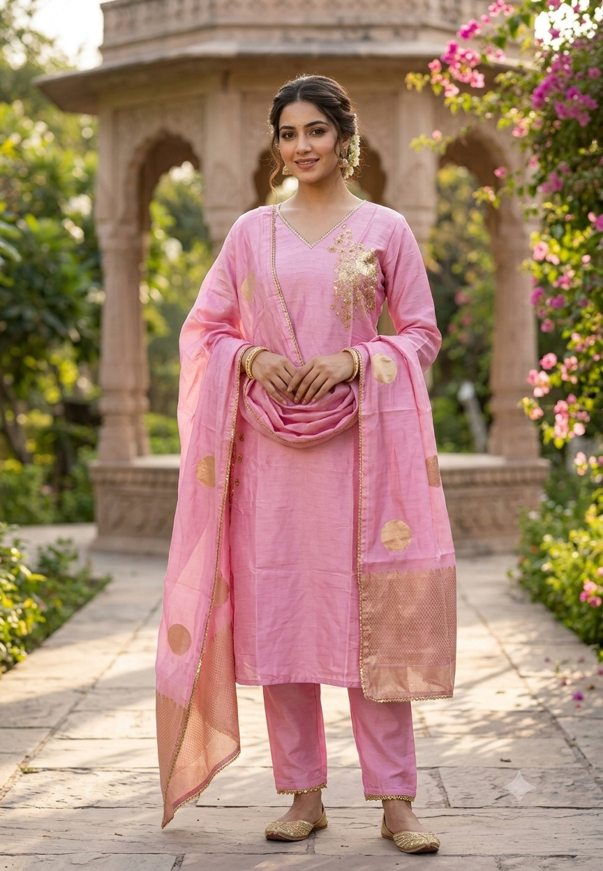 Premium Russian Silk Embroidered Full Suit Set with Floral Zari Work & Matching Dupatta And Bottom- 16722