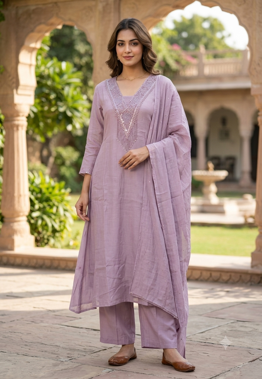 Lilac Pastel Elegance Delicate Embroidery Work Surat Mul-Chanderi A-Line Full Suit Set With Dupatta- 16637