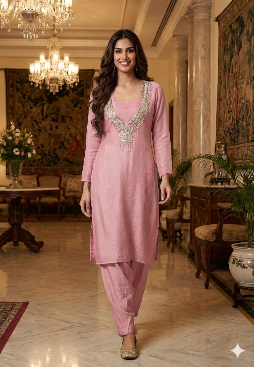 Sequin Neck Line With Fully Crystal Tasseled Tissue Kurta With Inner & Bottom- 12914