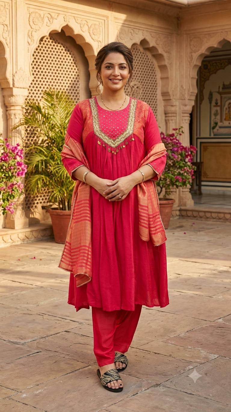 Golden Sequin Embellished Yoke Russian Silk A-Line Full Suit Set With Dupatta- 16123