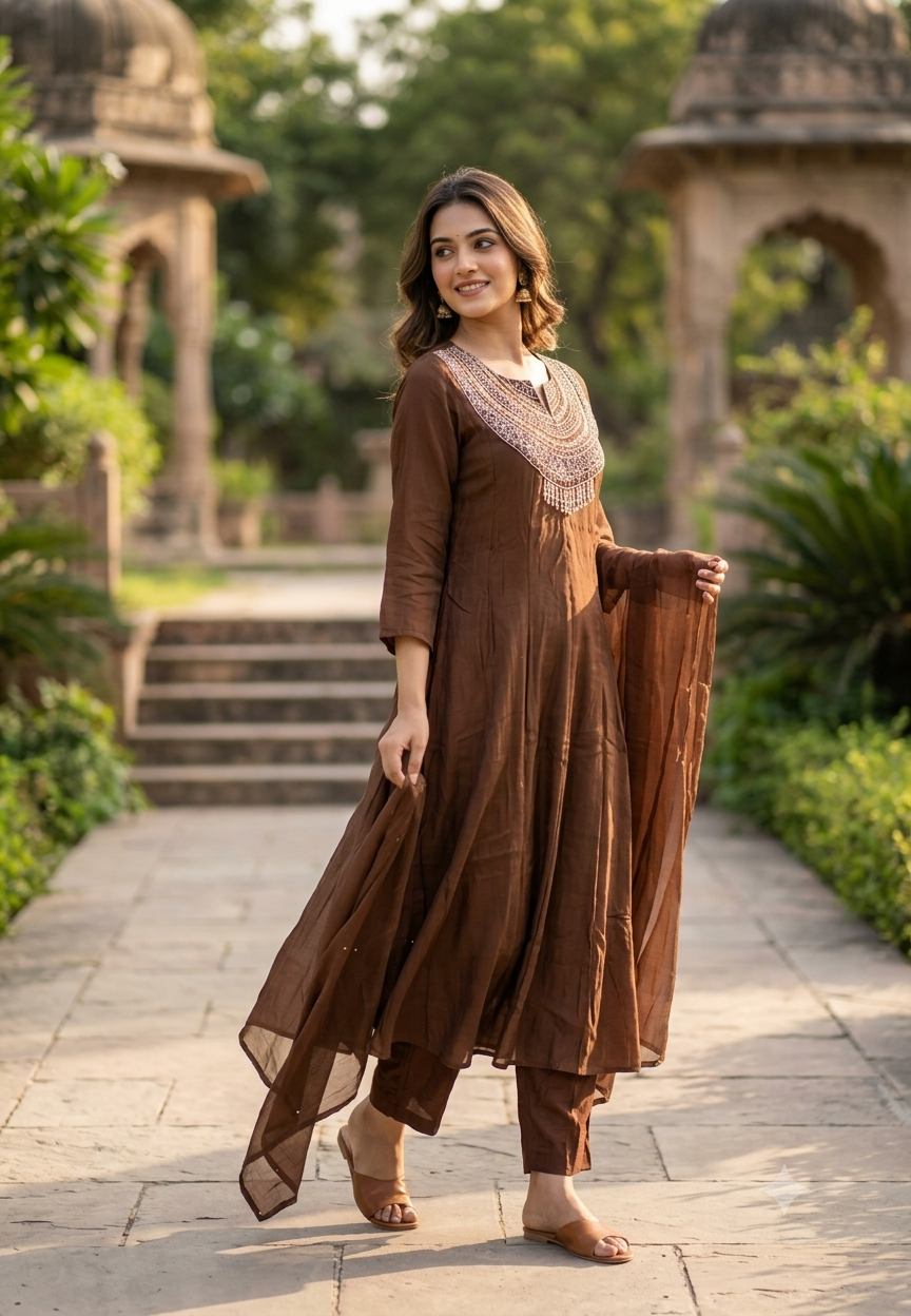 Banarasi Mul-Chanderi Crystal Tassels Zardosi Embroidered A-Line Full Suit Set With Dupatta- 16641