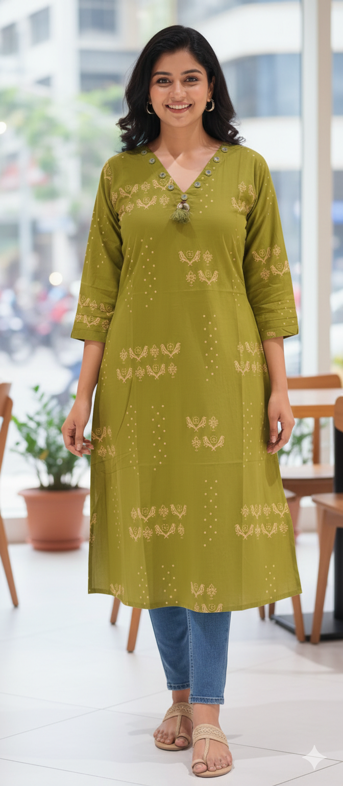 Solid Kurta With Real Mirror Neck Line Tiny Birds & Polka Print In Cotton Fabric- 13519