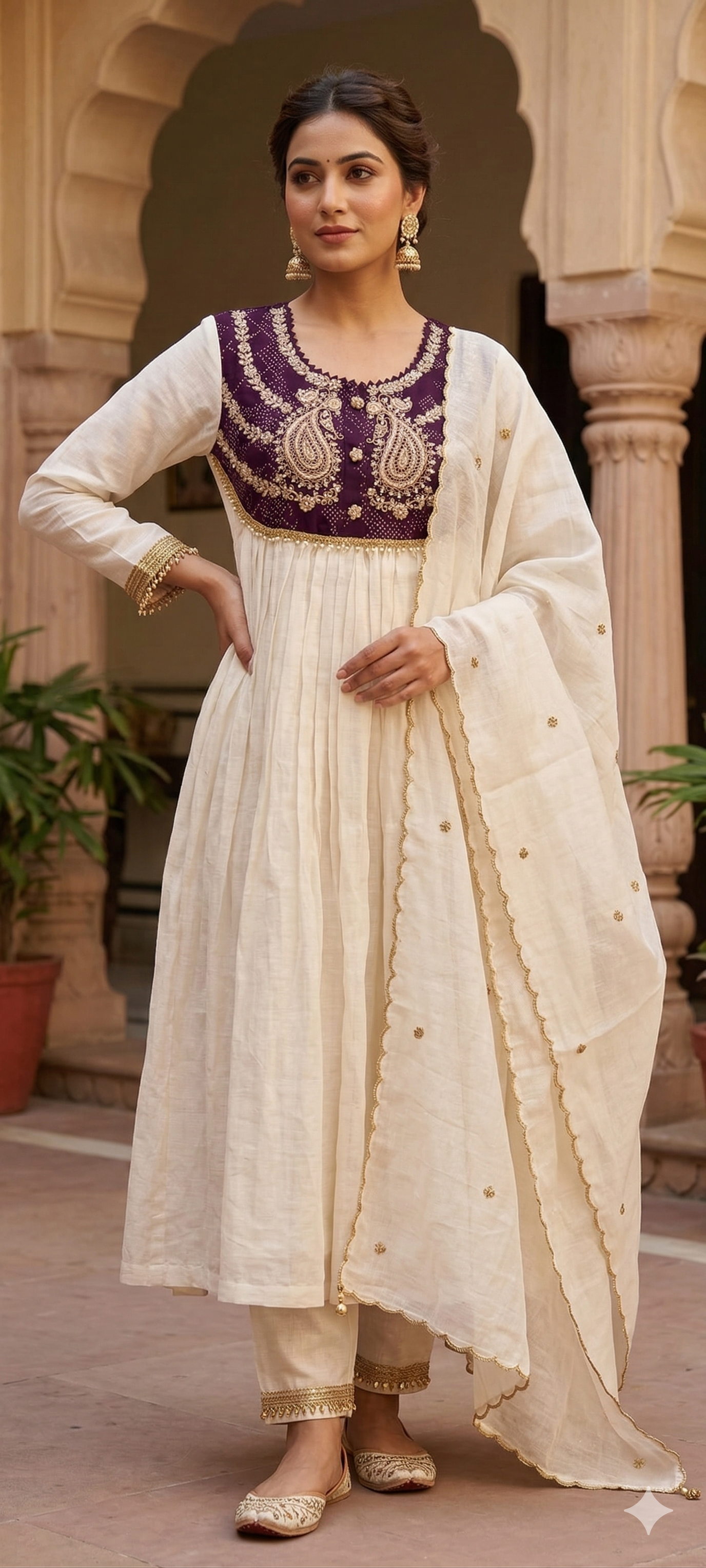 Premium Zardosi Mul Chanderi A-Line Full Suit Set with Heavy Hand-Embroidered Zari & Thread Work Yoke 14026 RB106