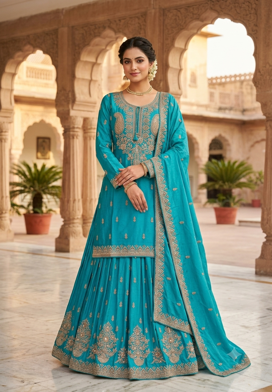 Paisley Kalka Motif Zardozi Festive Elegance Hand-Embroidered Short Length Chinon Kurta With Matching Flared Skirt Bottom & Dupatta- 16618