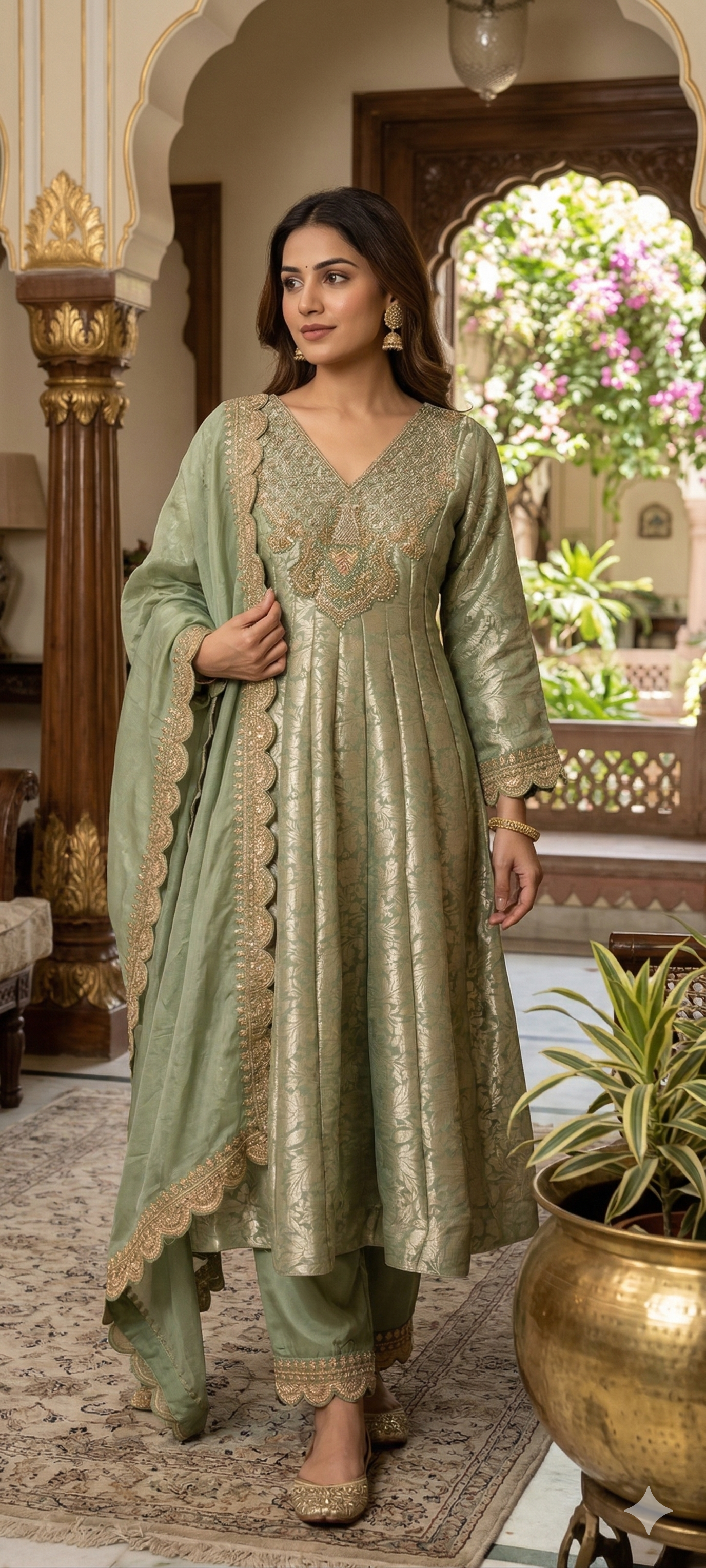 Jacquard Pattern Stunning Heavy Neck Embroidery Brocade Panel Anarkali Full Set- 14072