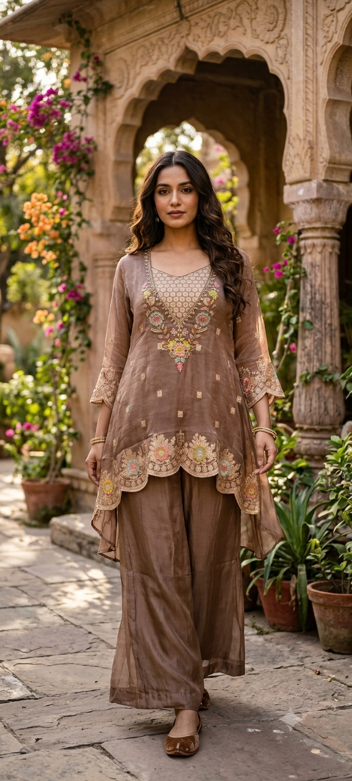 Dusty Shade Complete Brocade Bustier With Multicolor Thread Embroidery Co-Ord Set- 17026