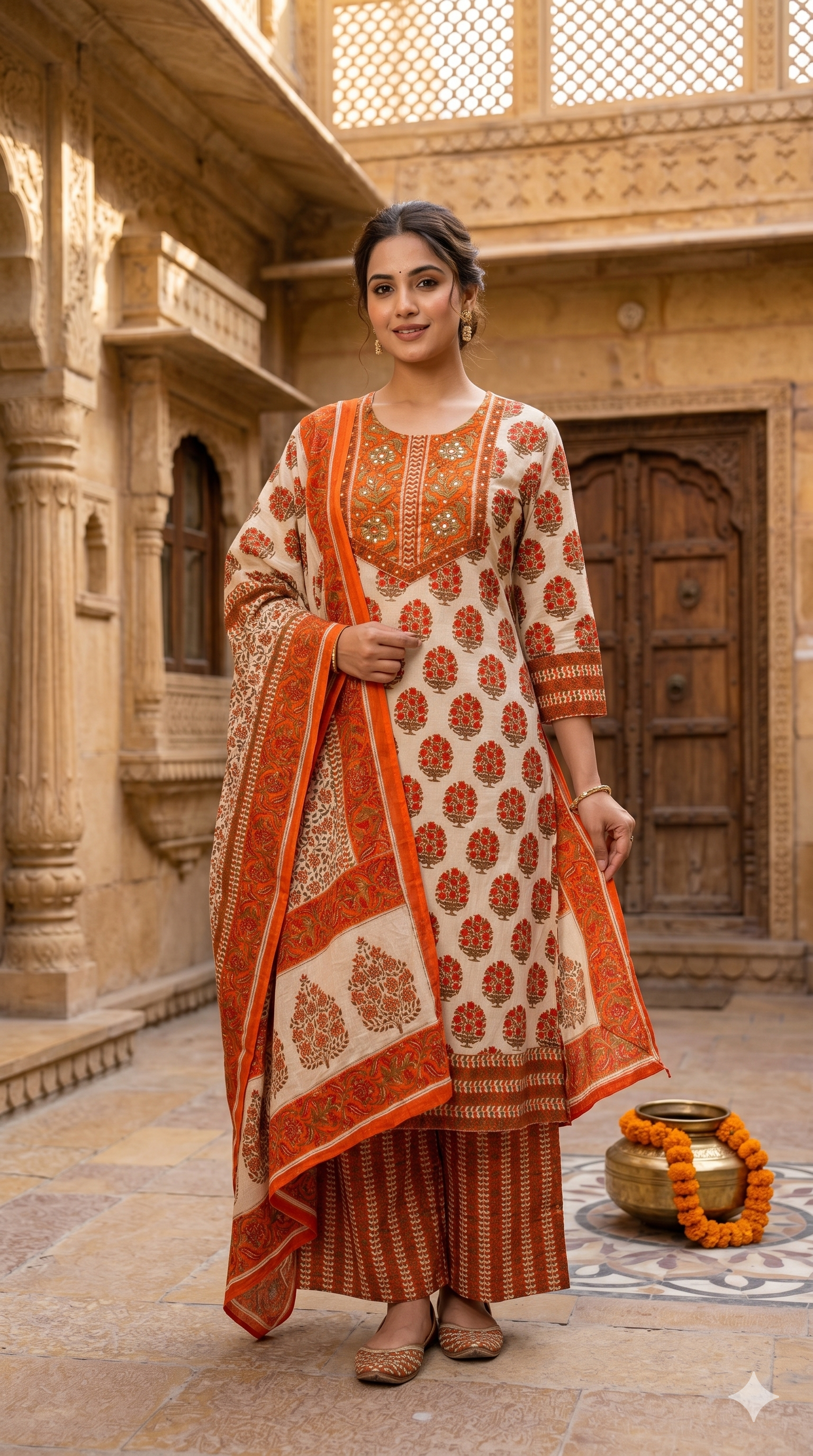 Pure Traditional Printed Ethnic Wear Cotton Full Suit Set With Dupatta- 14695 (Body Hugging)