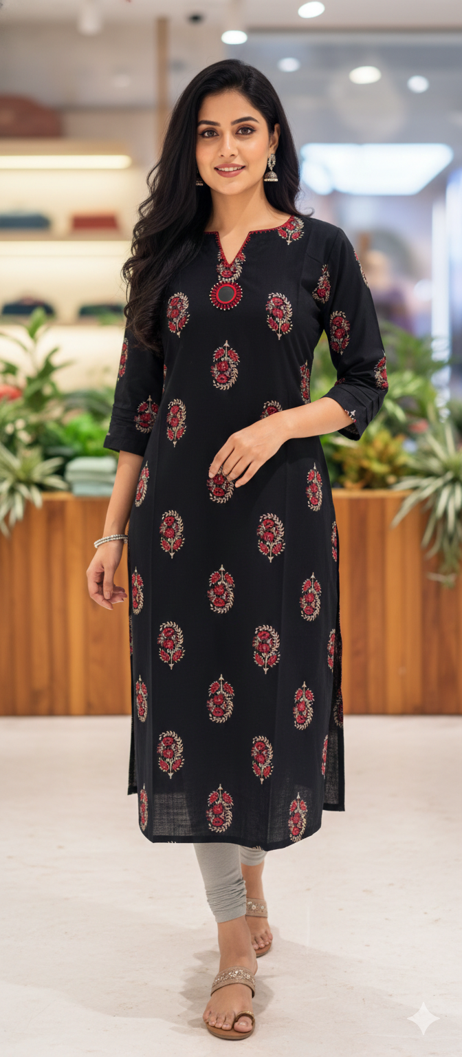 Banjara Bliss Printed V-Notch Neckline Printed A-Line Kurti Only-13523