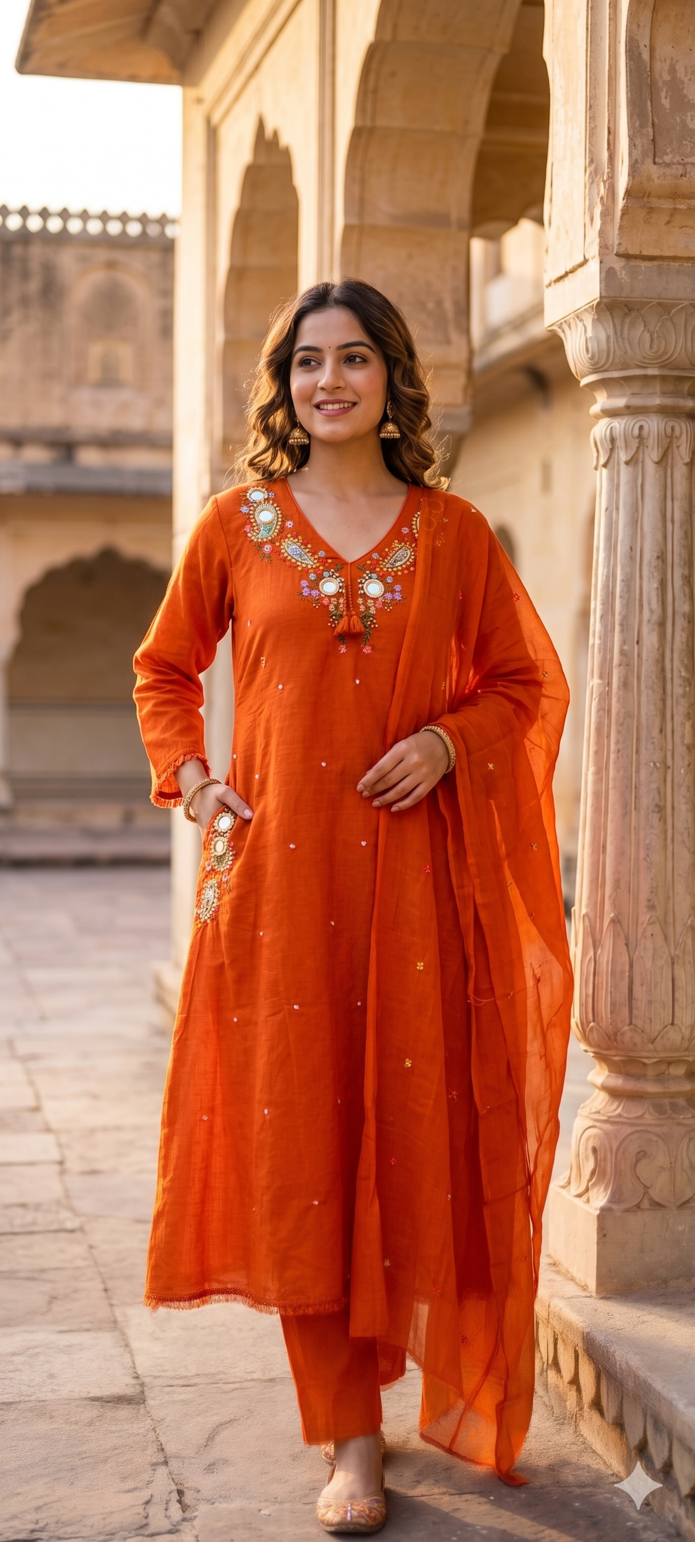 Stylish Mul Cotton A-Line Full Suit Set with Beautiful Mirror Embroidery and Both Side Pockets- 15167
