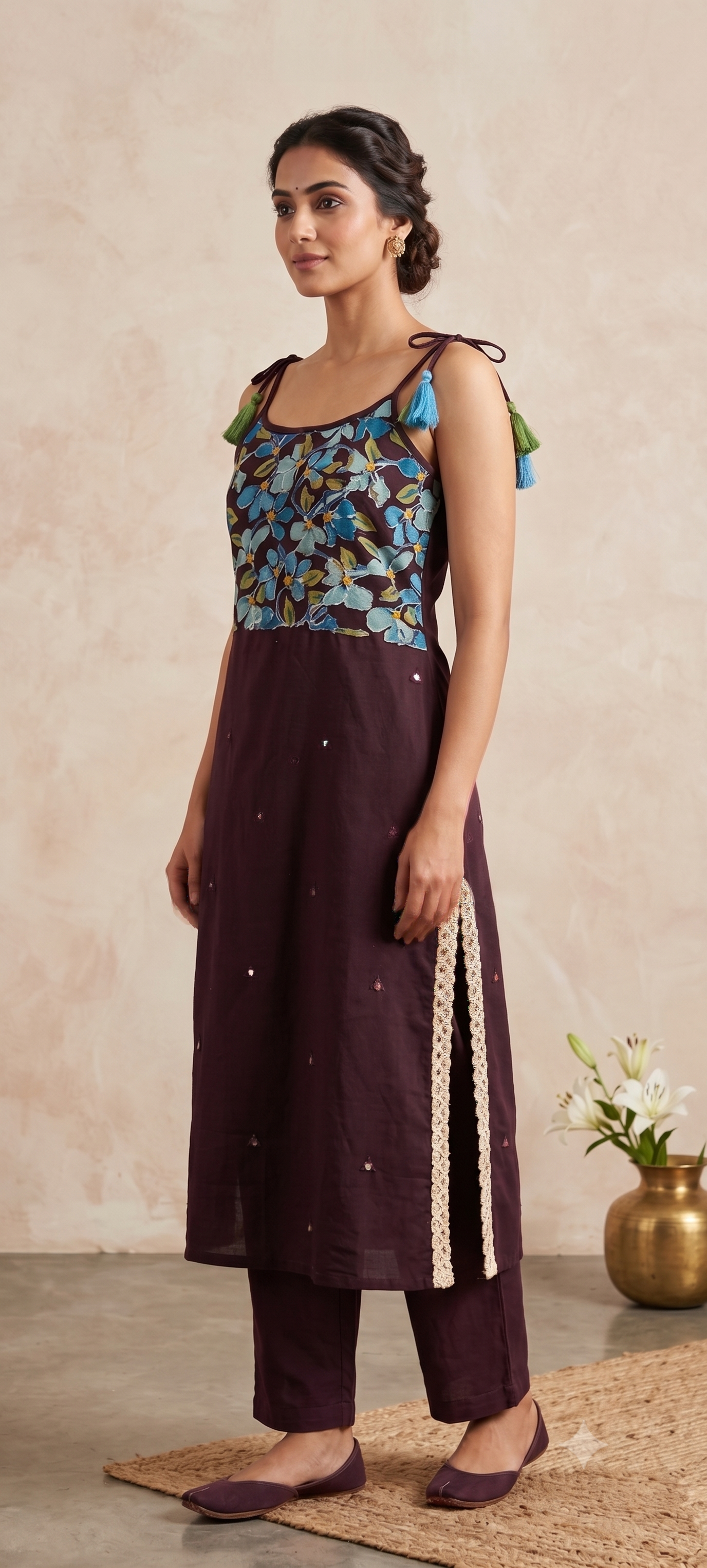 Noodle Strap Summer Style Petal Printed Casual Wear Cotton Kurta Pant Set- 15123