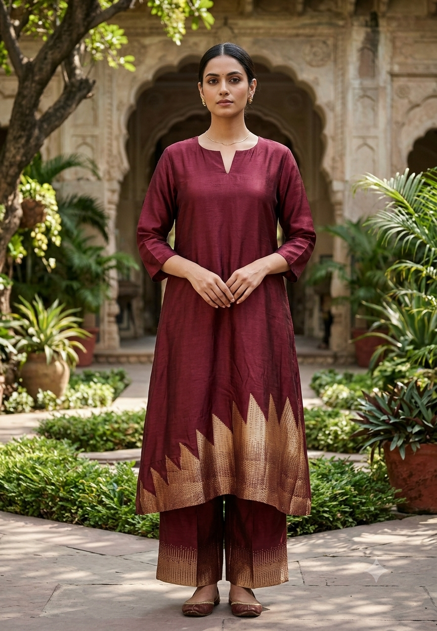 Raw Silk Minimal V-Neckline Statement Antique Gold Geometric Woven Hem Border Aline Kurta and Matching Loose Palazzo Bottom- 17038 Dispatching After 30 Days