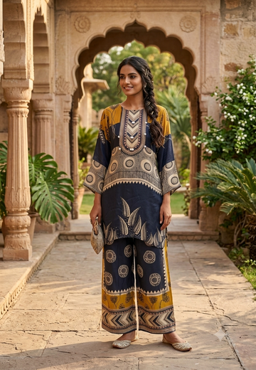 Artistic Digital Multi Motifs Bold Style Pure Crepe Co-Ord Set- 15763