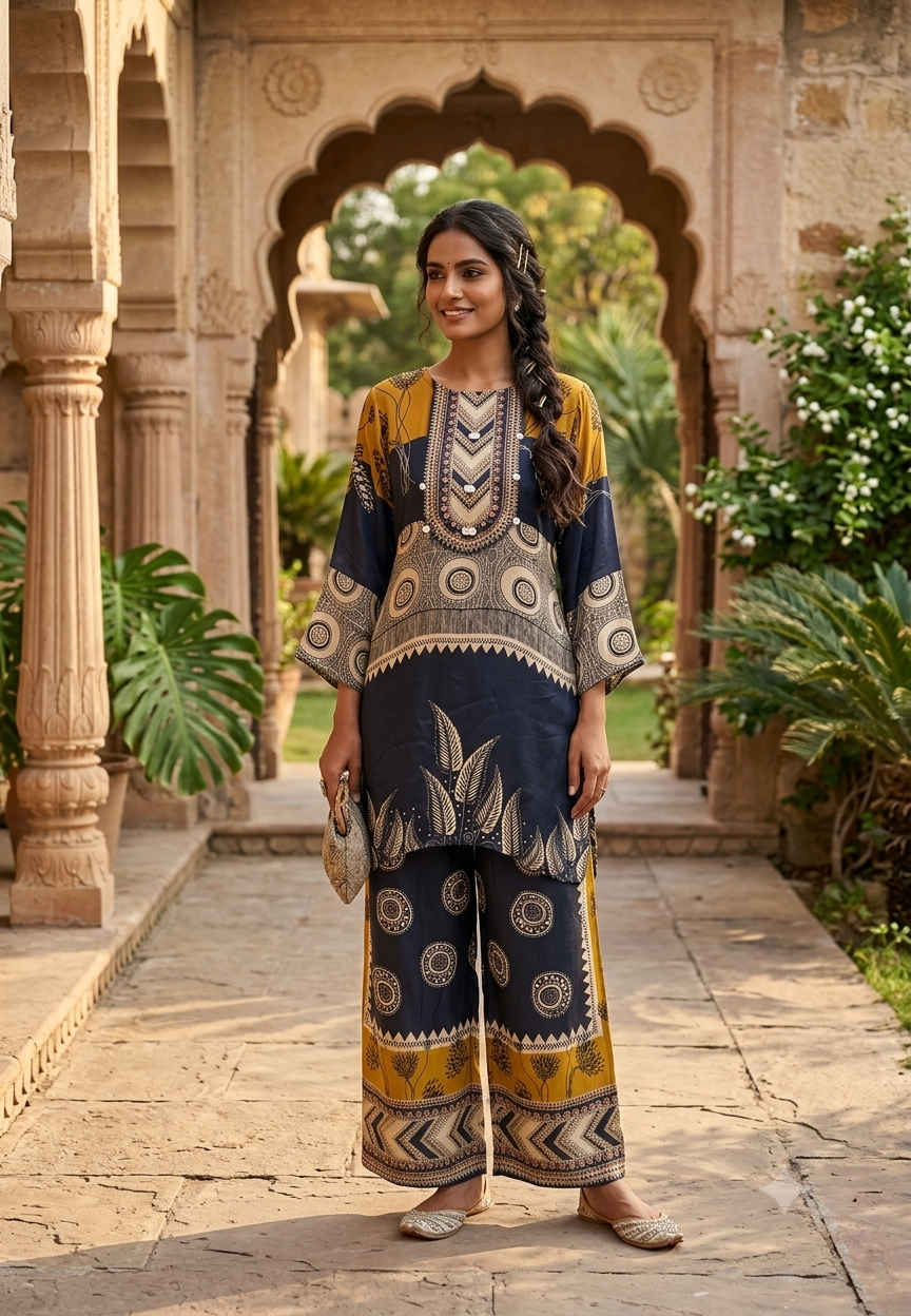 Artistic Digital Multi Motifs Bold Style Pure Crepe Co-Ord Set- 15763
