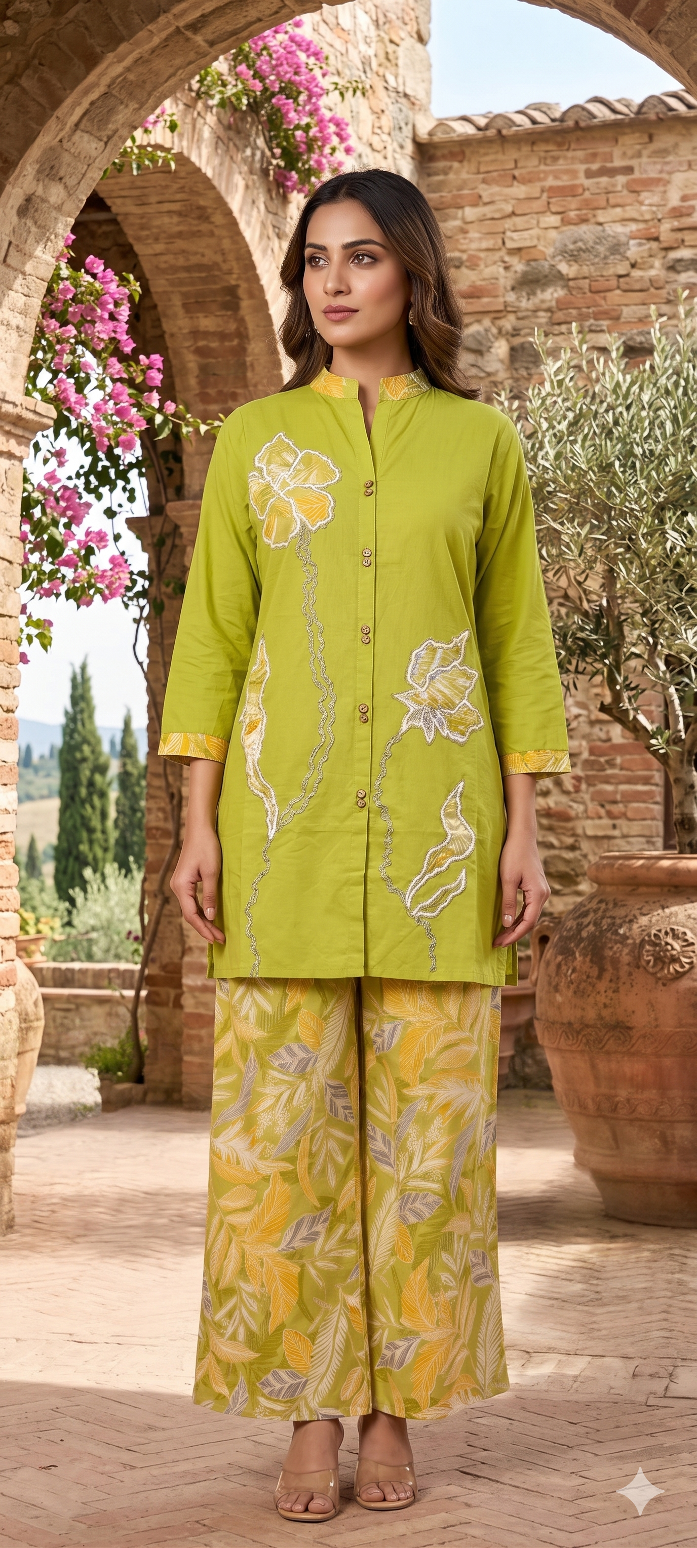 Neon Cotton Co-Ord Set with Floral Patchwork Tunic and Printed Palazzo Pants- 14662 RB481