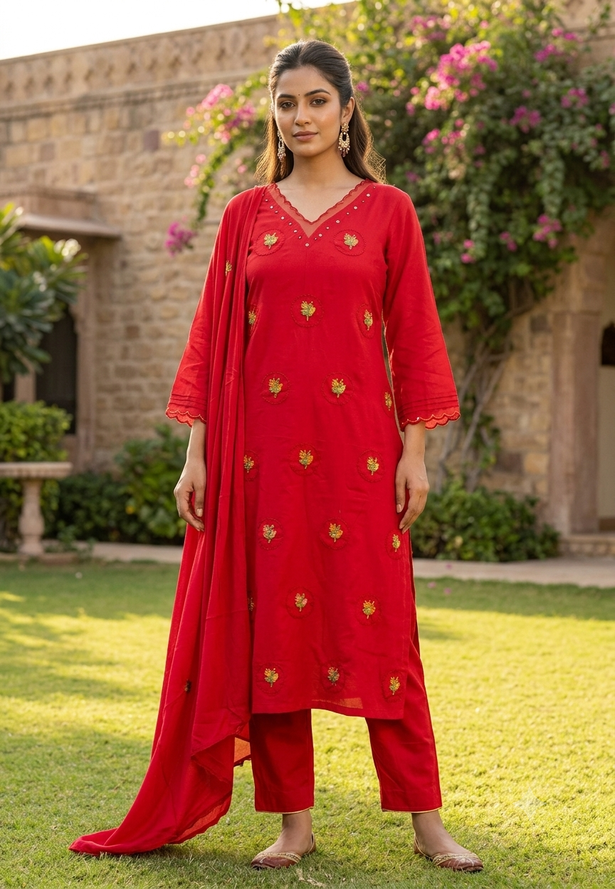 Silly Cotton Intricate Floral Thread Circle Embroidered V-Neck Full Suit Set With Dupatta- 16676
