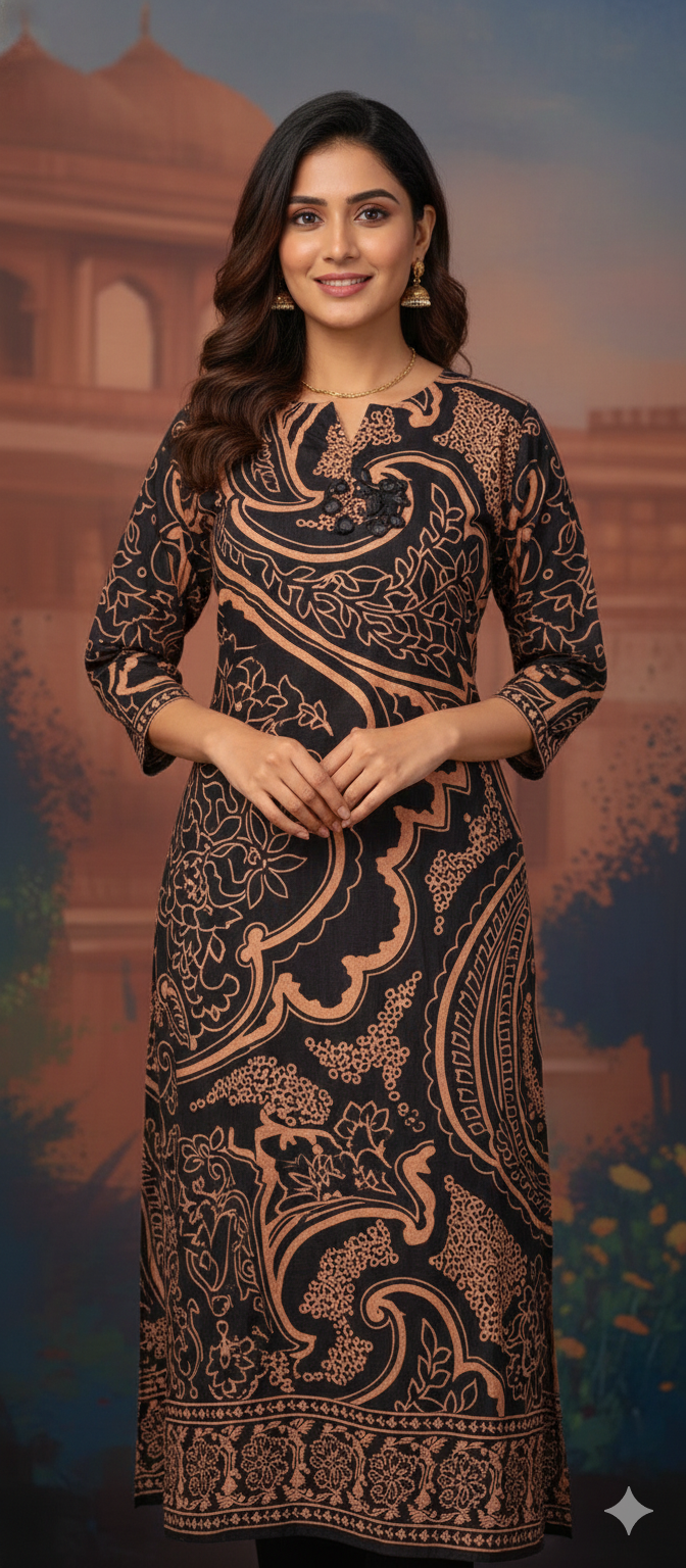 Artistry Print Black Bold Look Kurti Only In Muslin Fabric- 13520