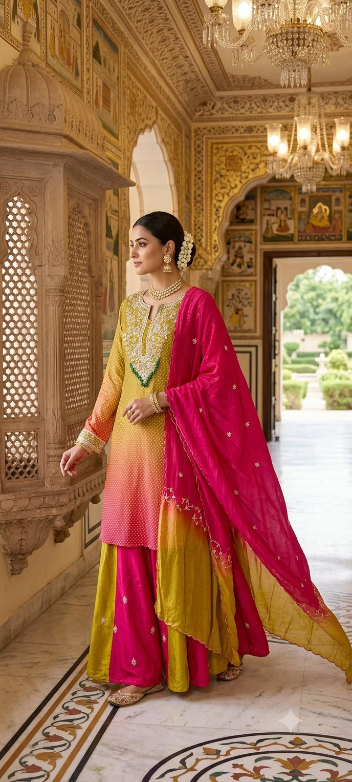 Dual Tone Ombre Shade Rich Hand Embroidered Yoke With Beads Accent Kurta With Cane-Cane Skirt Bottom & Dupatta- 15333