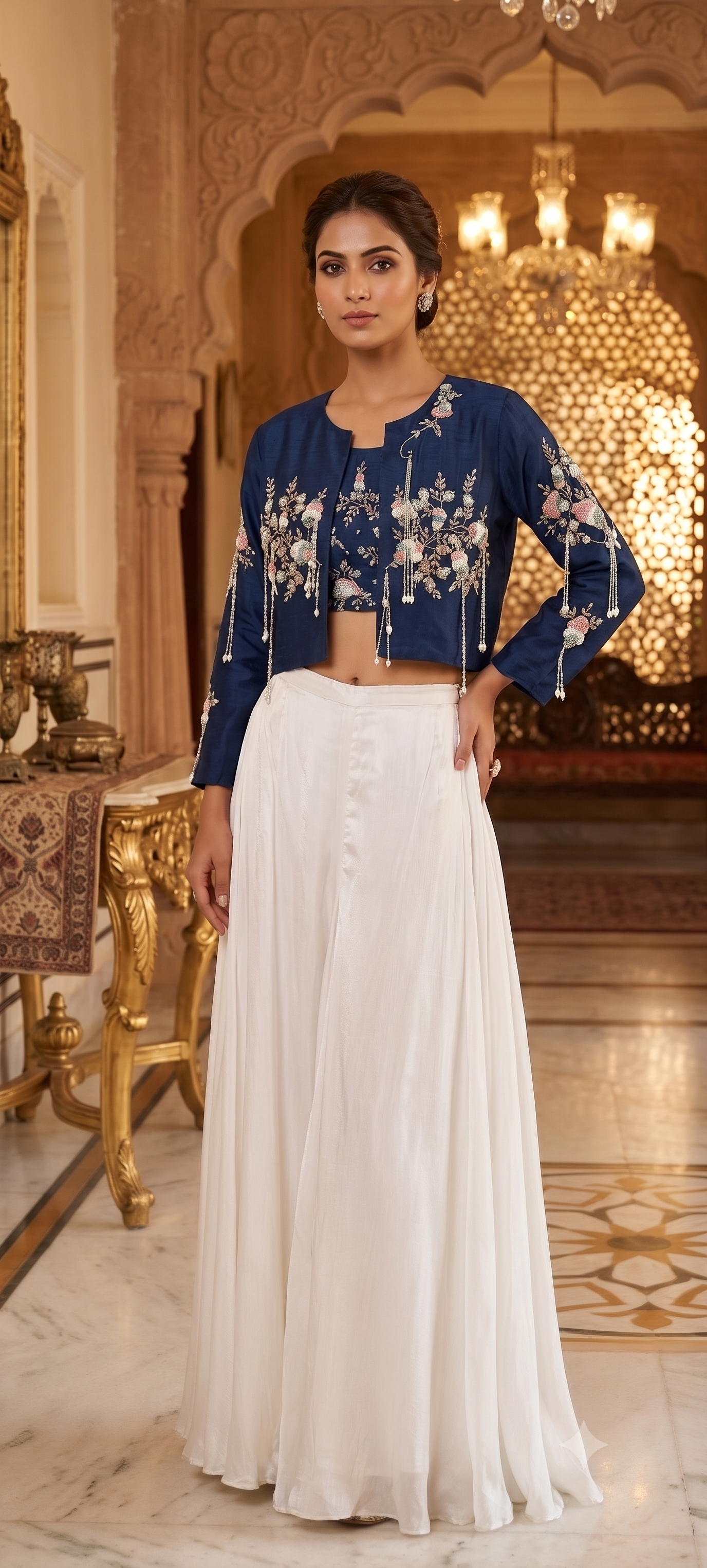 Elegant Tasseled Designer Hand Embroidered Buster With Crop Jacket & Flare Bottom Indo Wear- 12693