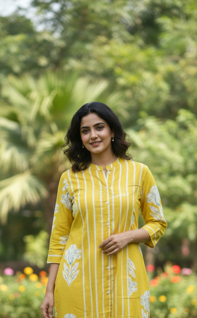 Pure Cotton Stripe with Floral Print Short Kurta-12323,