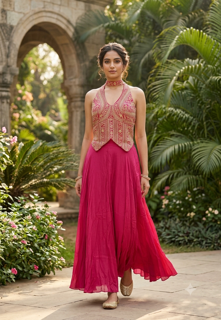 Sequin & Cut-Dana Handwork Encrusted Halter Neck Crop Top with Flowy Chinon Flared Skirt Bottom & Chowker Dupatta- 16622