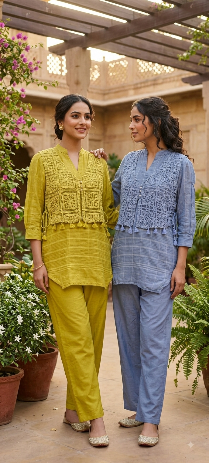 Fresh Lime & Sky Blue Crochet Embroidered Overlay Tassel Accent Mul-Cotton Co-Ord Set- 15841