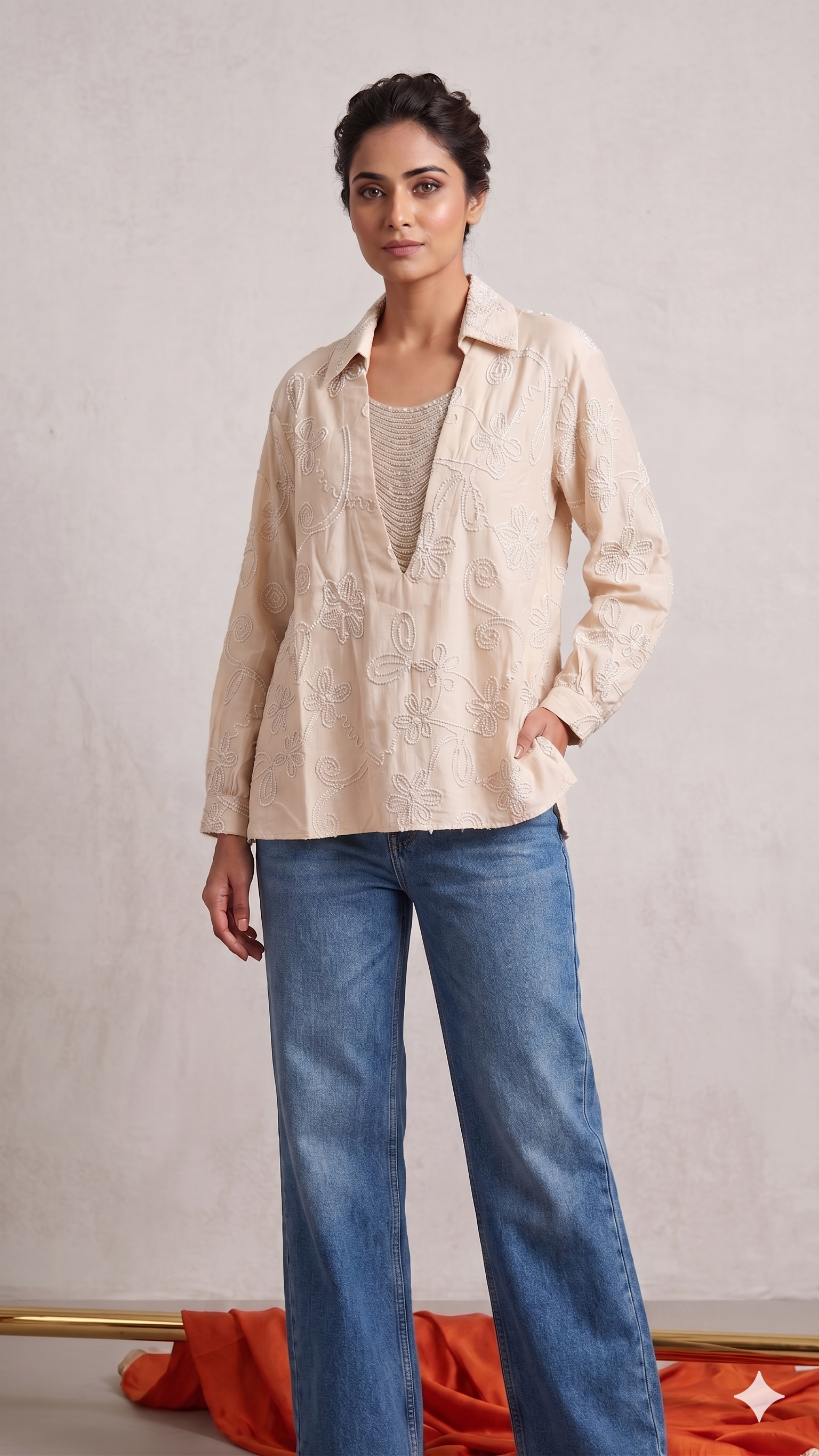 Imported Butter Sheer Embroidered Jewel Stone Hangs Premium Western Tops- 14764