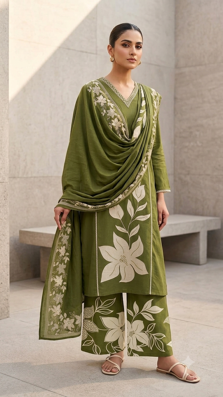 Nature Inspired Minimal V-Neckline Leafy Embroidered Cotton Full Suit Set With Dupatta- 14792