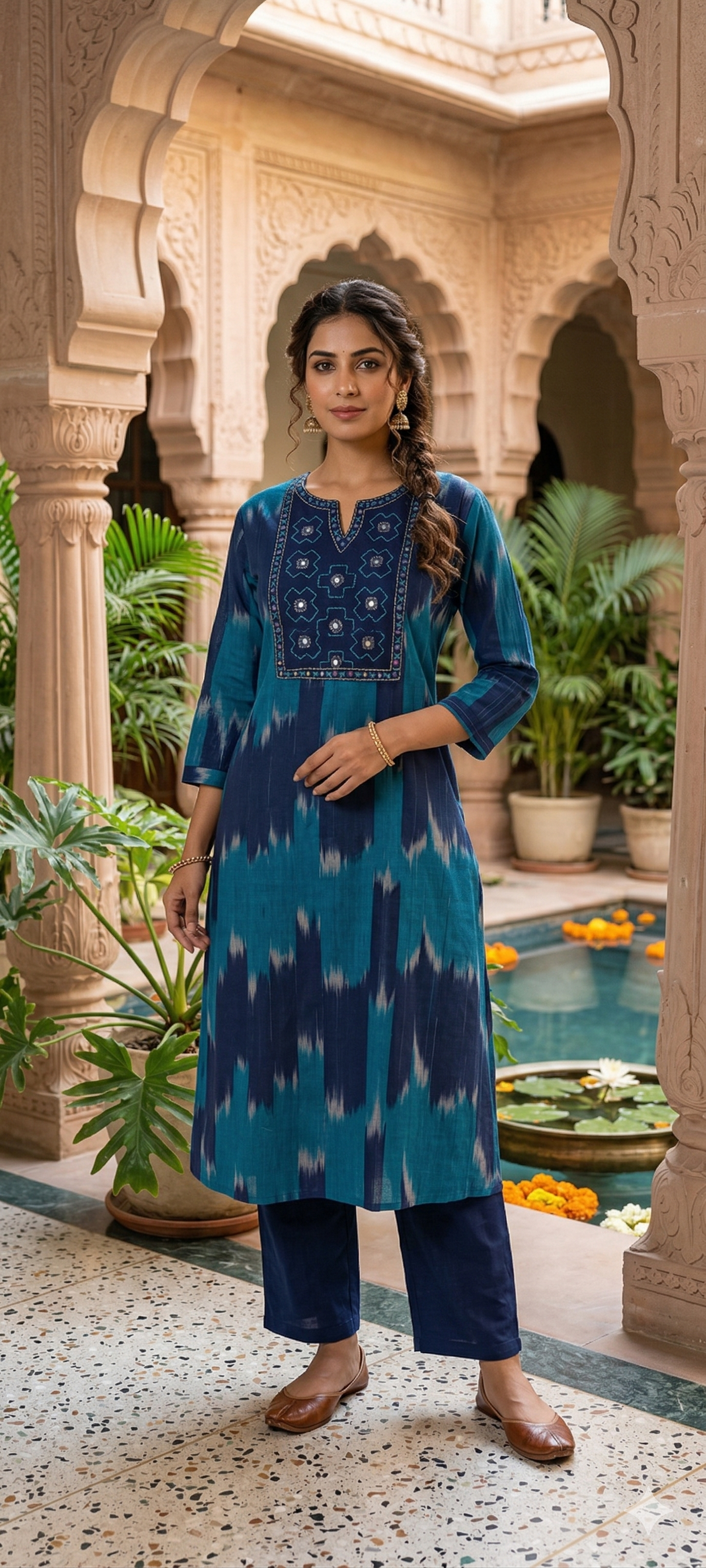 Ikkat Inspired Summer Wear Cotton Kurta Pant Set With Mirror Touch In Yoke  RB111-14032