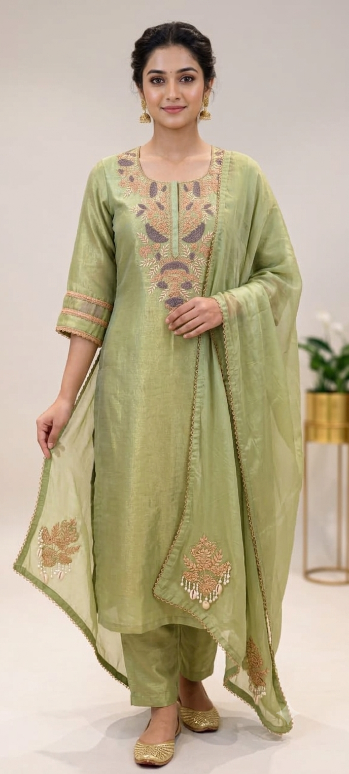 Intricate Fine Zardosi Embroidery Tissue Full Suit Set With Dupatta