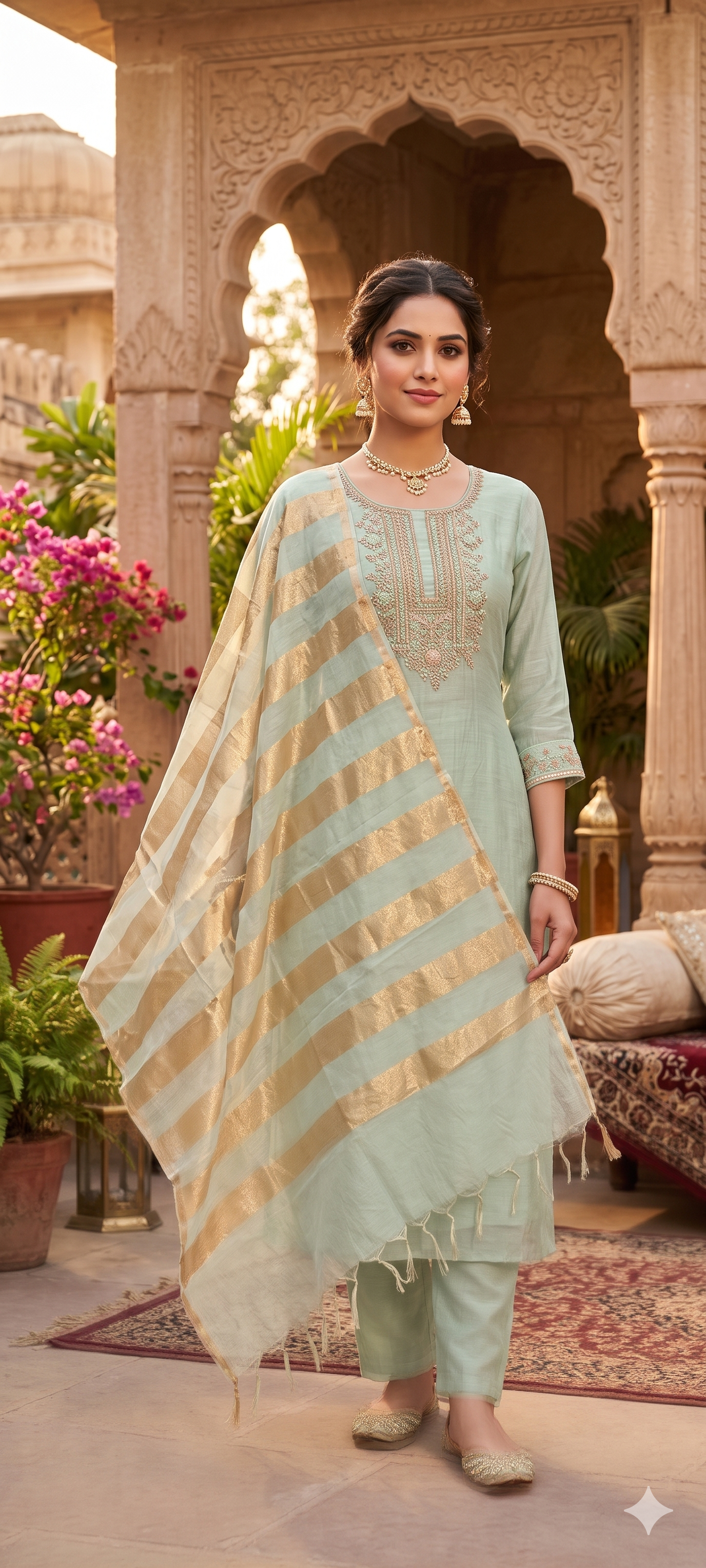 Pure Banarasi Mul Chanderi Suit Set with Handcrafted Zari Embroidery, Elegant Straight Silhouette & Luxe Gold Striped Dupatta-14313 RB261