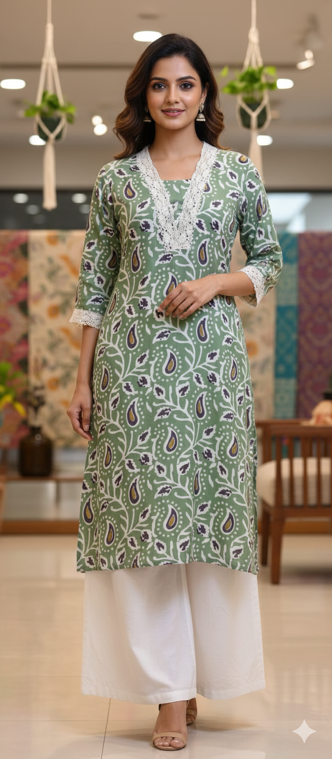 Mango Buti Leaf Printed V-Neck Cotton Laced A-Line Kurti Only-13683 (Dispatching After 1 Week)