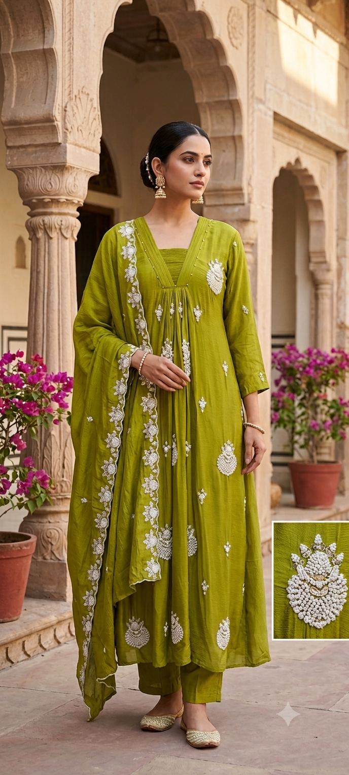 Premium Chinon Very Elegant Tiny Cut-Dana Embroidered Flowy Anarkali Full Suit Set With Dupatta- 15239