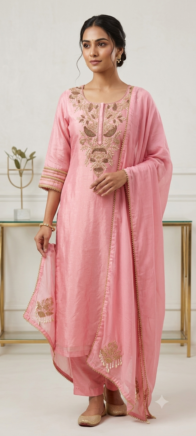 Intricate Fine Zardosi Embroidery Tissue Full Suit Set With Dupatta