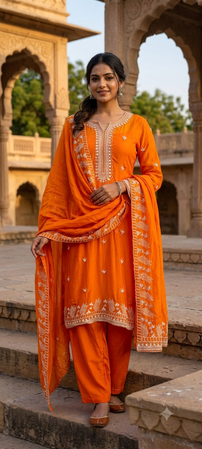 Fine Thread Embroidery With Sequin Upwork Single Shade Full Suit Set With Dupatta- 15553