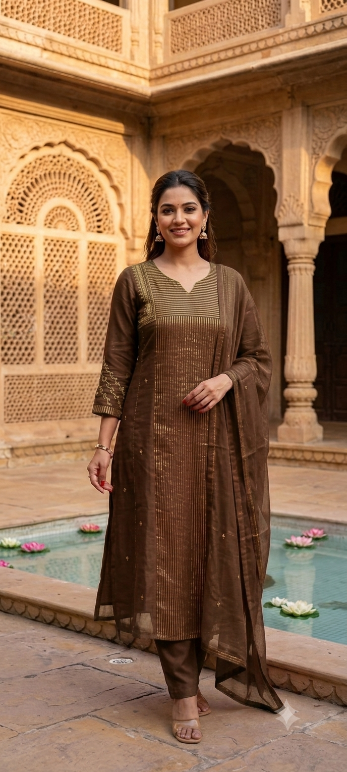 Banarasi Mul Chanderi Golden Striped Zardosi Embroidered A-Line Full Suit Set With Matching Dupatta- 15803 Dispatching After 15 Days