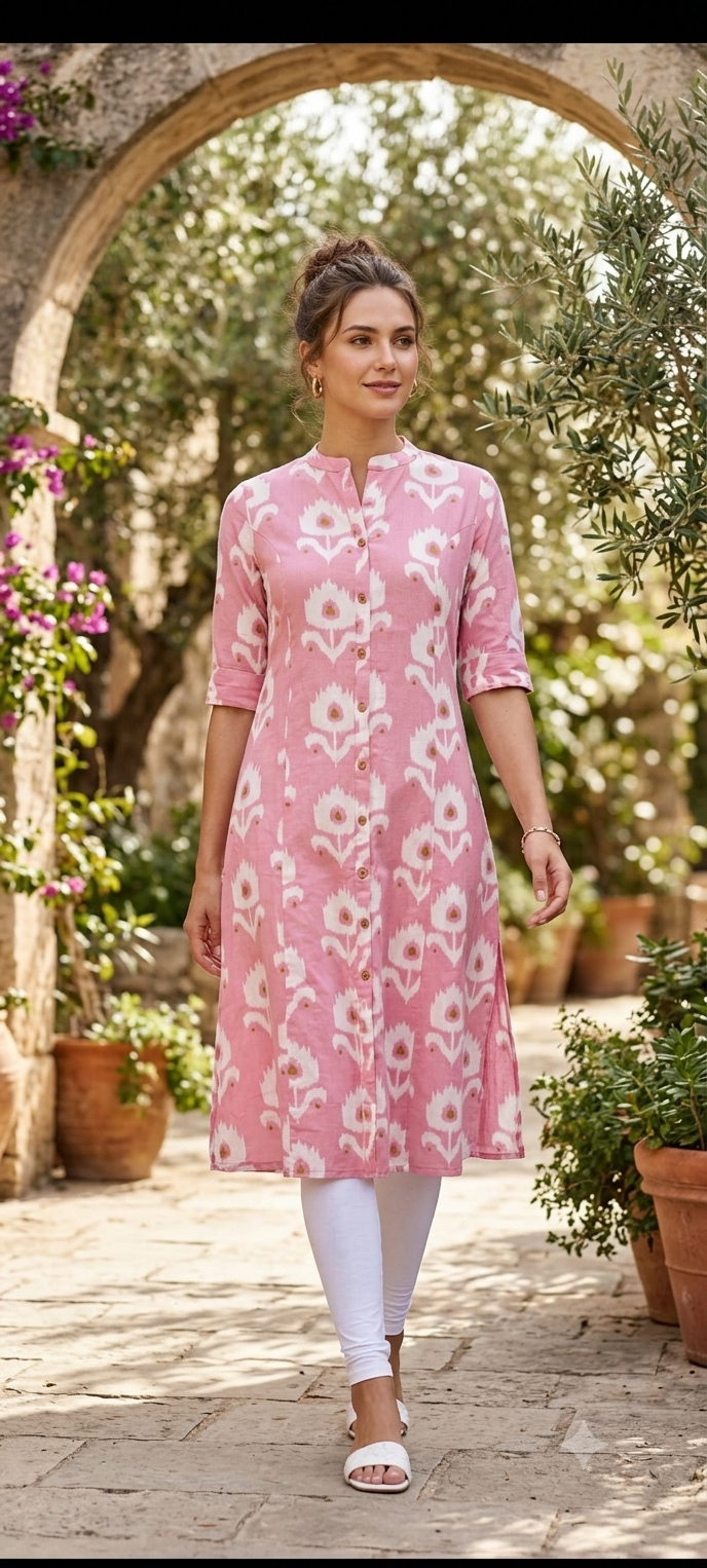 Manderian Collar Printed Light Shade Cotton Kurti Only- 15697