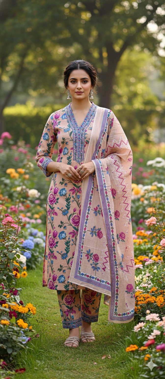 Floral Elegance Complete Printed Cotton Full Suit Set With Dupatta- 13372