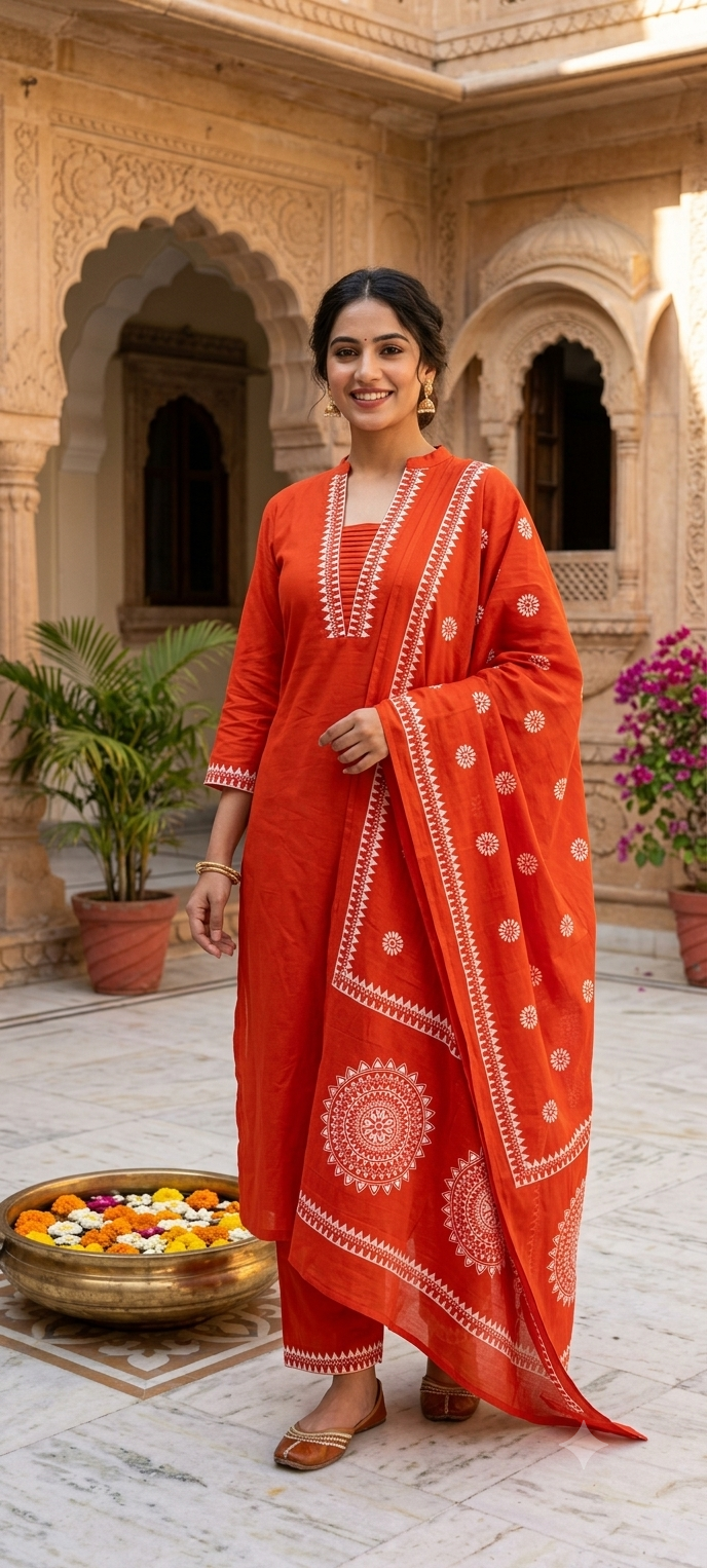 Pure Cotton Traditional Embroidered Straight Full Suit Set with Matching Dupatta-15876
