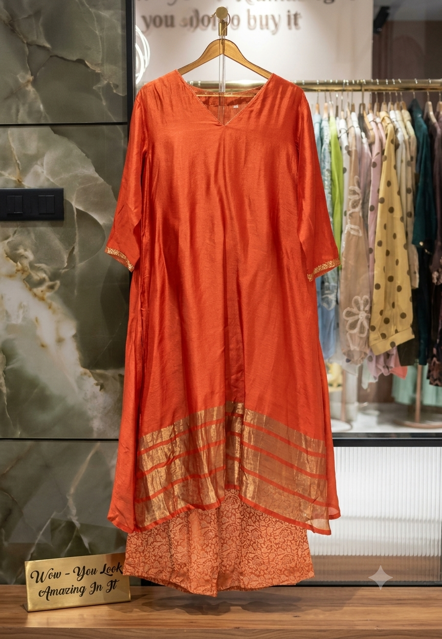 Broad Antique Gold Striped Hem Border Raw Silk Kurta and Matching Rust Orange Floral Jacquard Loose Bottom- 17039