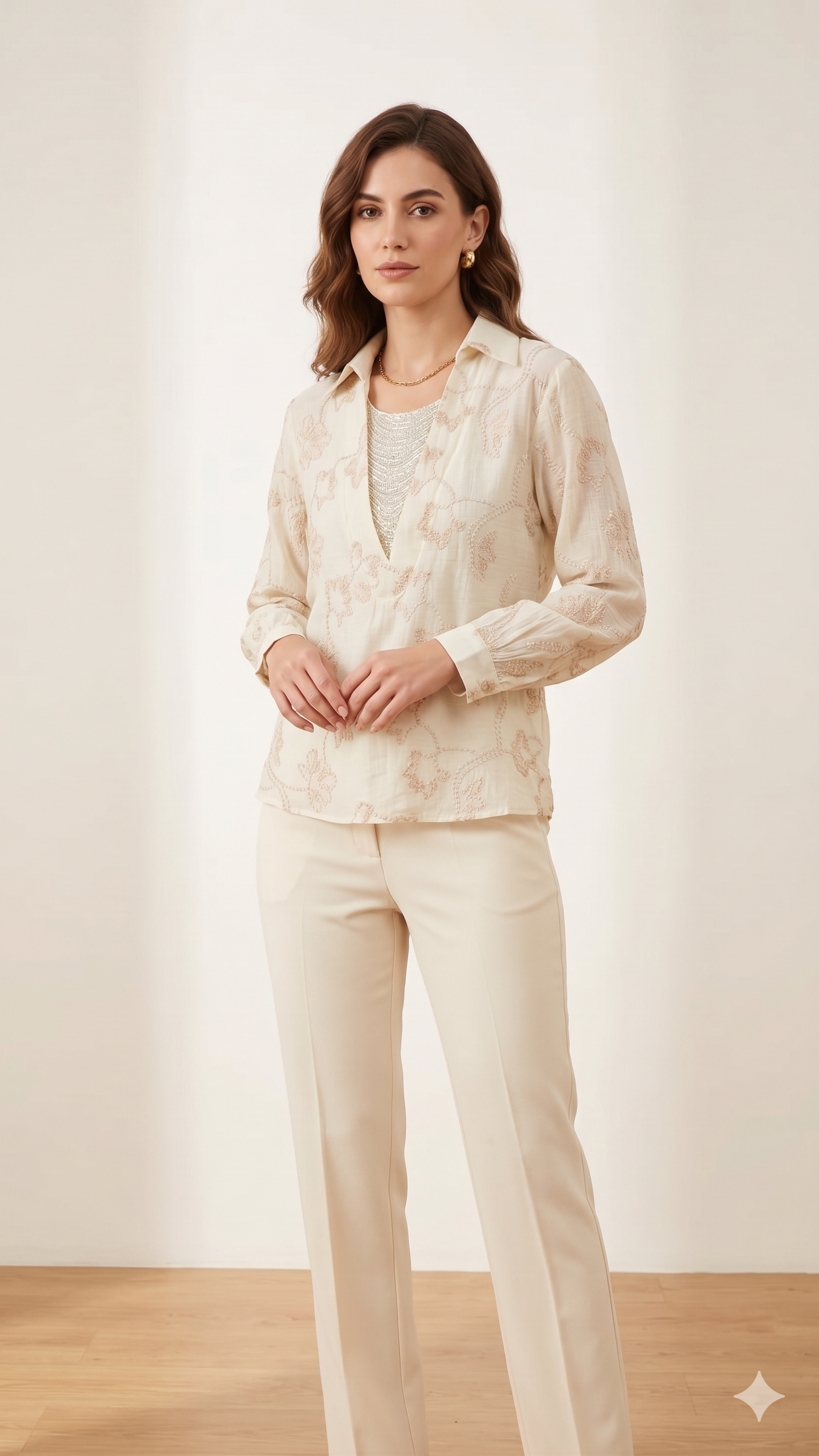 Soft Pastel Embroidered Shirt  Delicate Floral Detailing and Glamorous Stone work Layer