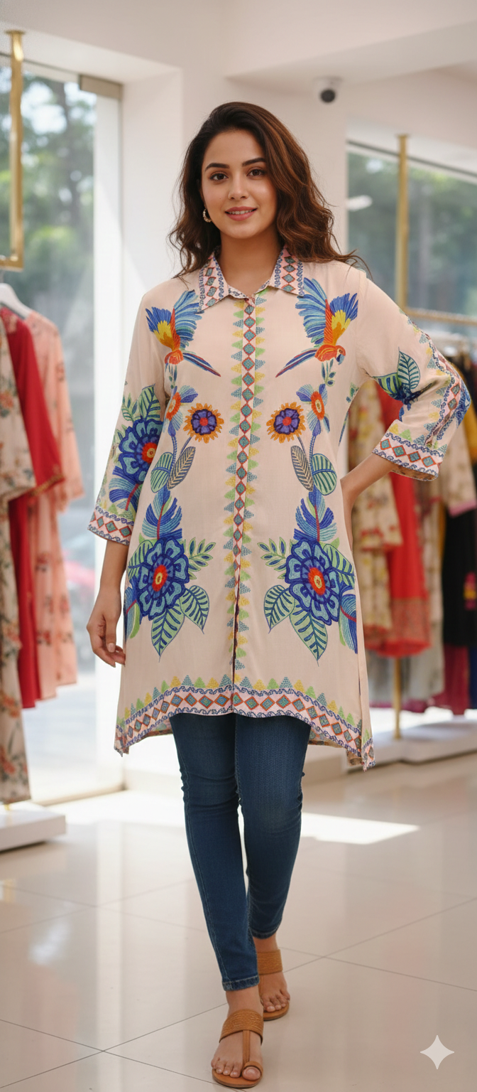 Gardenia Bird Print Collared Short Kurti Only- 10943