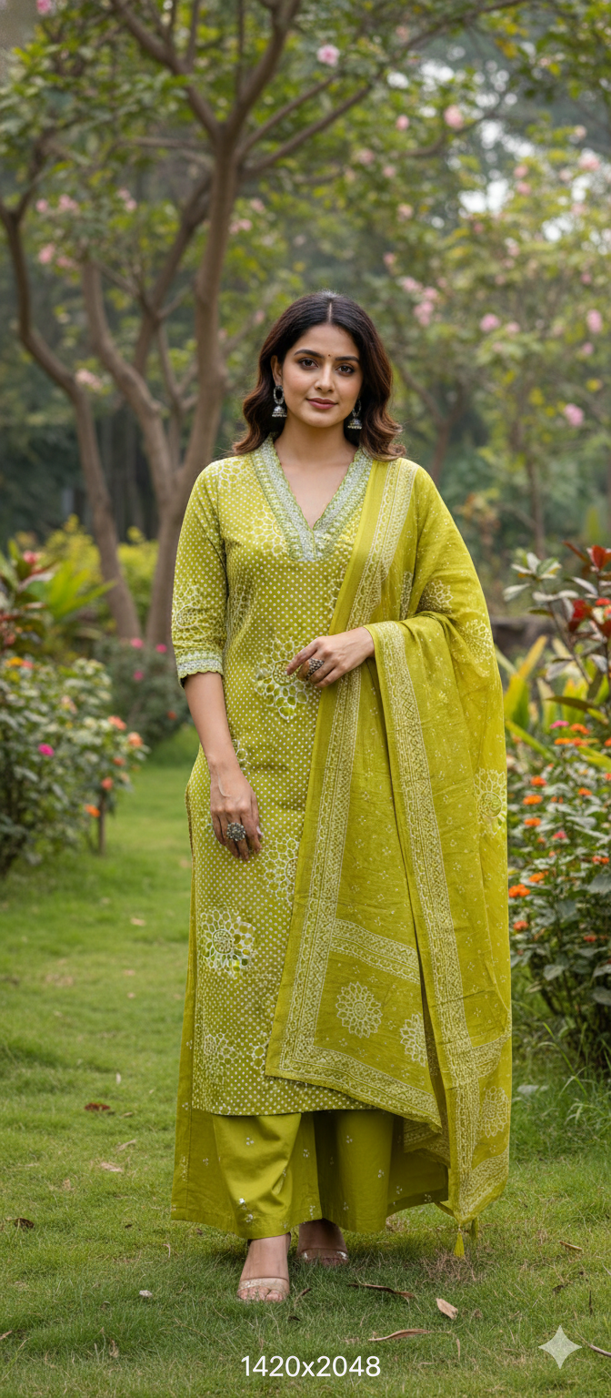 Dotted Floral Print Beautiful Neck Line Cotton Full Suit Set With Dupatta- 13319,13353